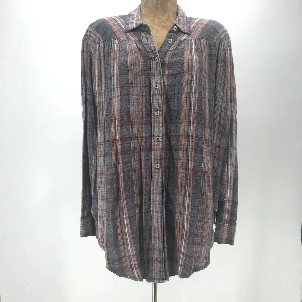 BDG Button Down Top Womens Small Gray Red Plaid Oversize Long Sleeve Long Sleeve